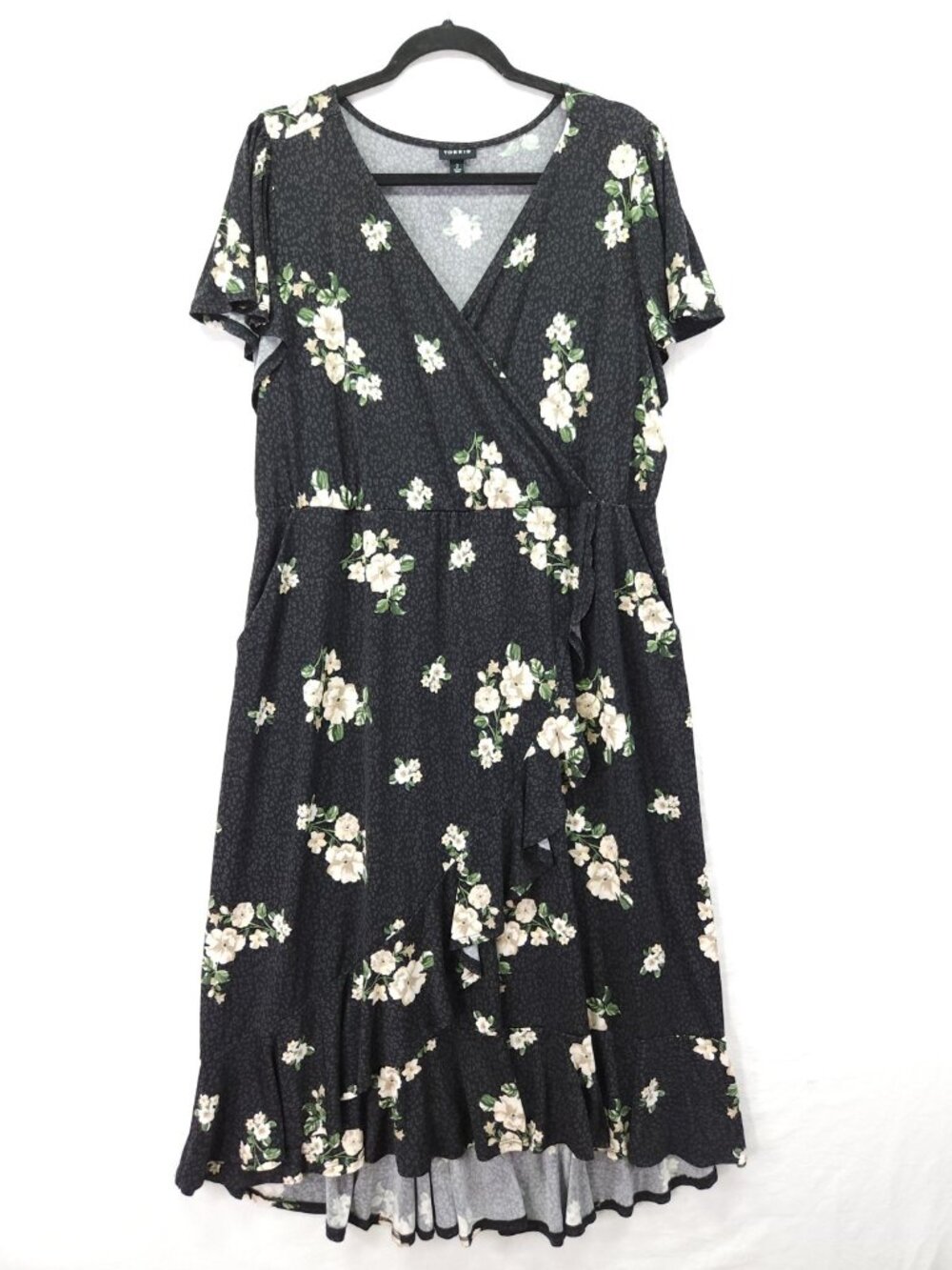 Torrid Size 2X Black Floral Faux Wrap Dress Empire Waist Ruffle Hem Garden Party